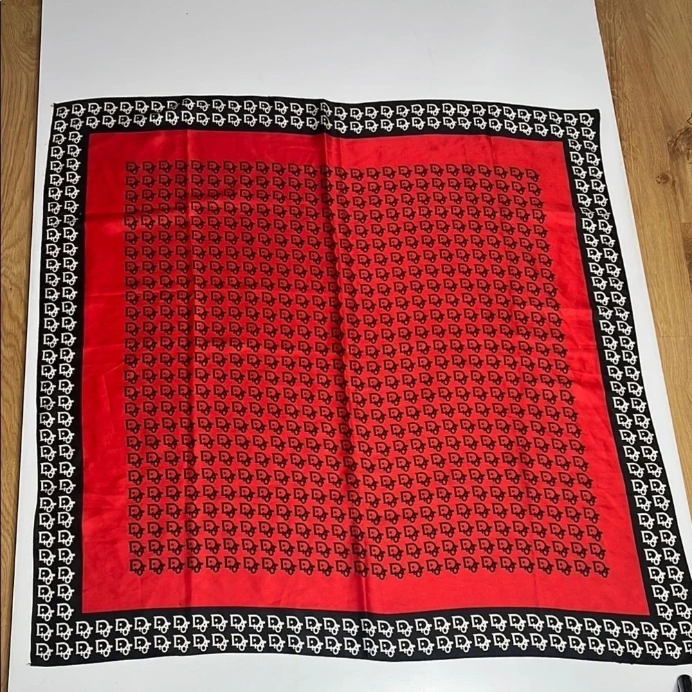 Vintage Christian Dior 35” Silk Red Black White Logo Scarf